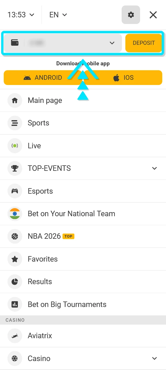 Fund your Melbet account with INR to place a sports bet.