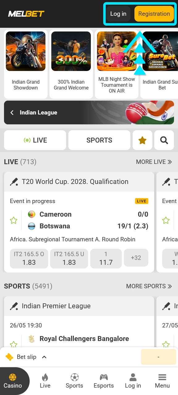 Open the Melbet website to start your sports betting journey.