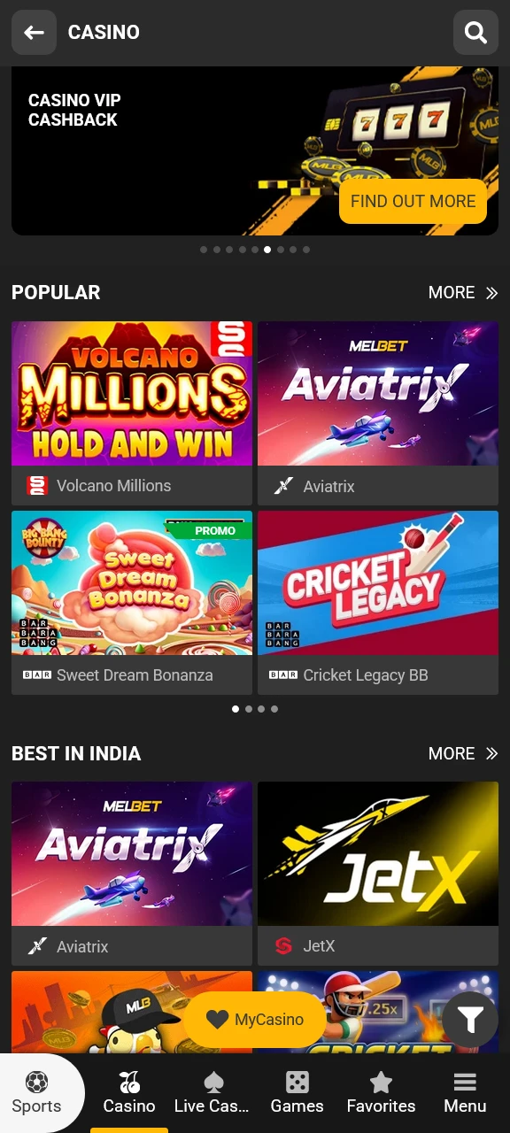 Launch top slots in the Melbet online casino section right now.