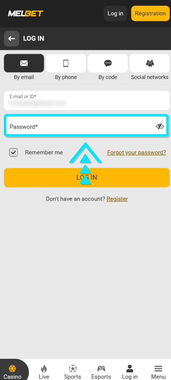 Provide your password to finish the Melbet login for sports betting.