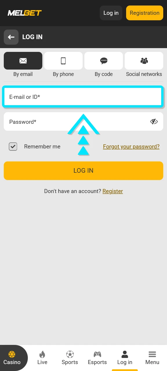Fill in your registered email on the Melbet login page.