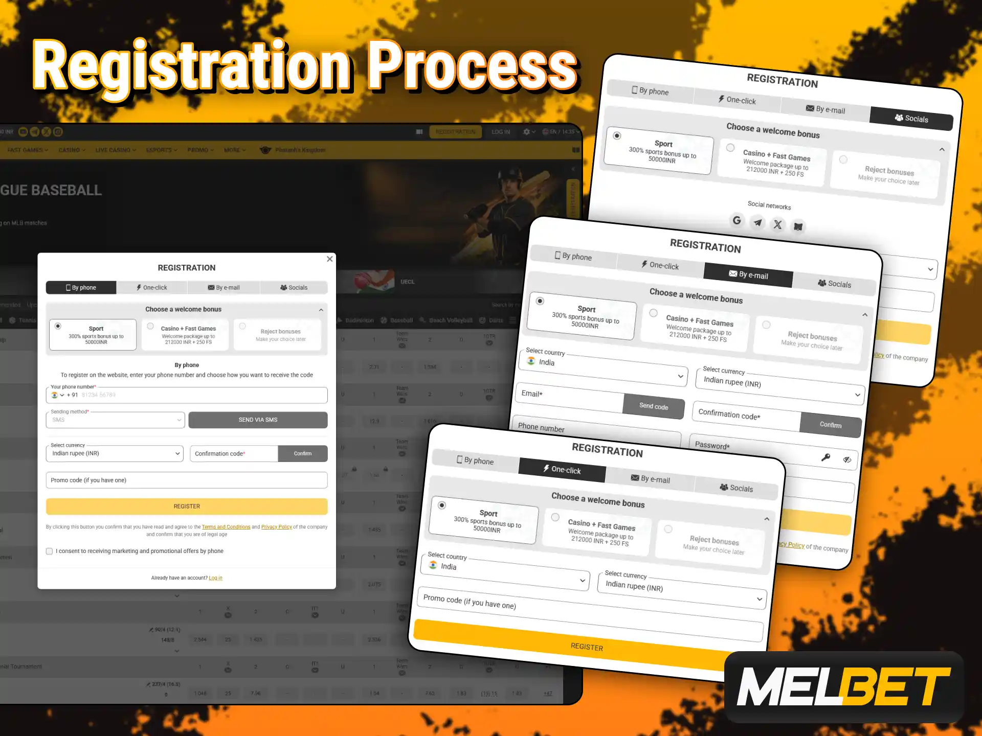 Create your personal account to join Melbet online casino entertainment.