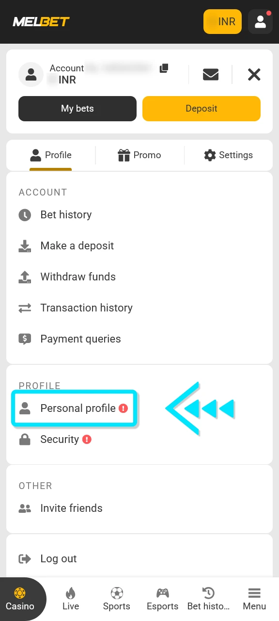 Open your Melbet profile to start verification for online casino gaming.